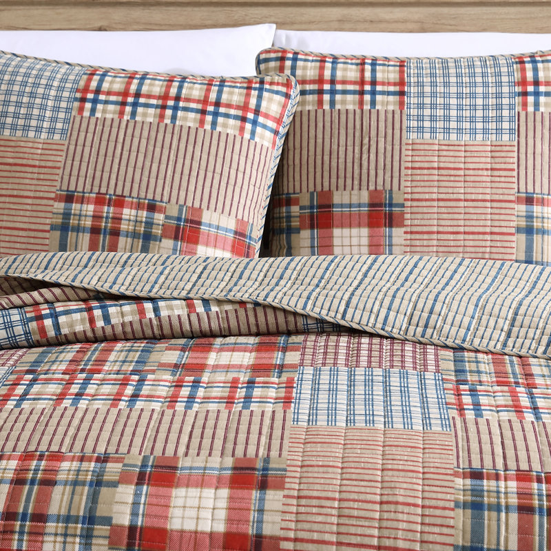 Brown Plaid Cotton Twin Reversible Quilt Set with Sham