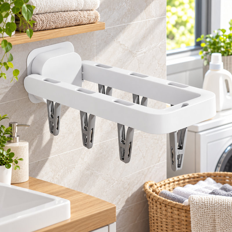 Paquet de 1 support à linge mural blanc avec 7 pinces dissimulées pour chaussettes et sous-vêtements