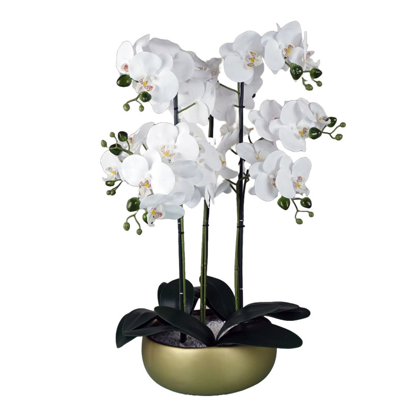 Plastic, Silk Artificial Arrangement in Planter, White, Gold