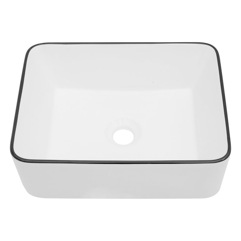 16 x 12 Inch White Ceramic Rectangular Vessel Sink with Black Rim