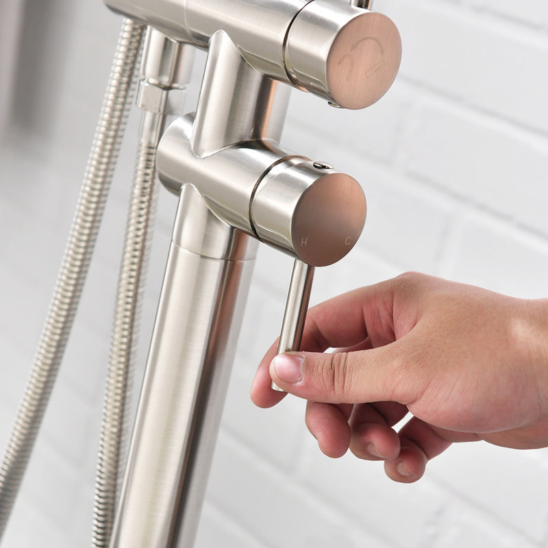Robinet de douche de baignoire classique avec douche à main, fixation au sol, bec de baignoire incurvé en nickel brossé