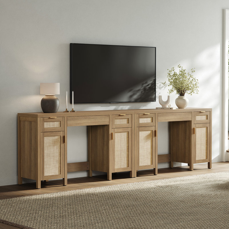 Bohemian Rattan 3-Drawer And 2-Cabinet Makeup Vanity Desk With Adjustable Shelves, Natural Oak