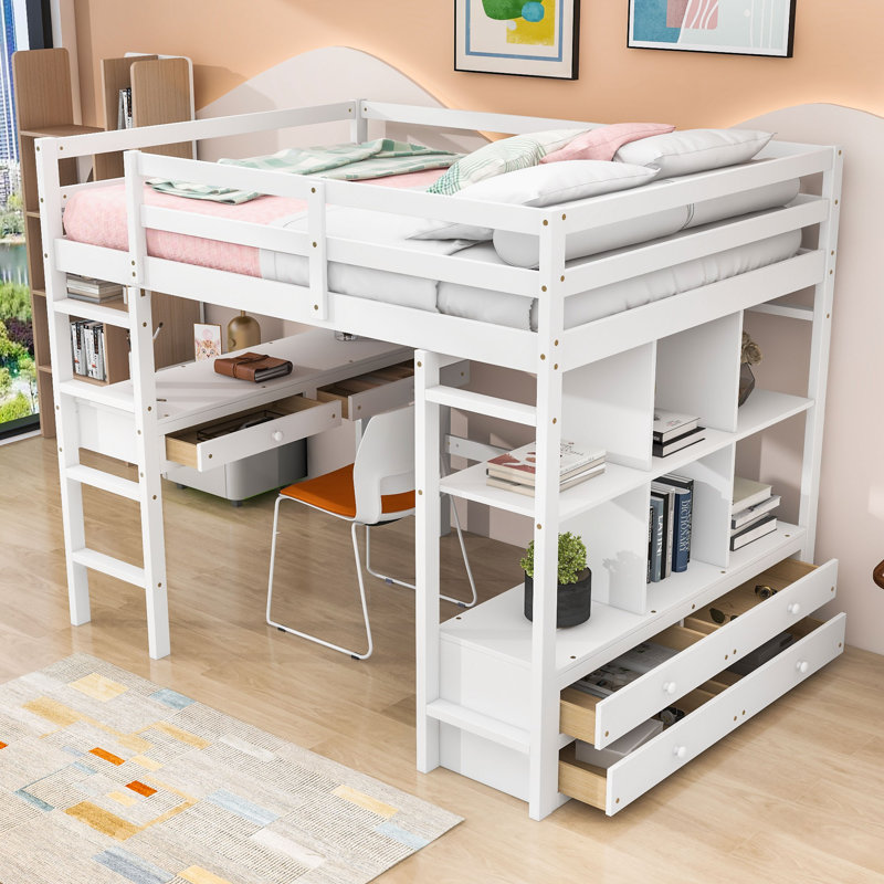Lit mezzanine double, lit mezzanine en bois avec bureau et tablettes de rangement, Blanc