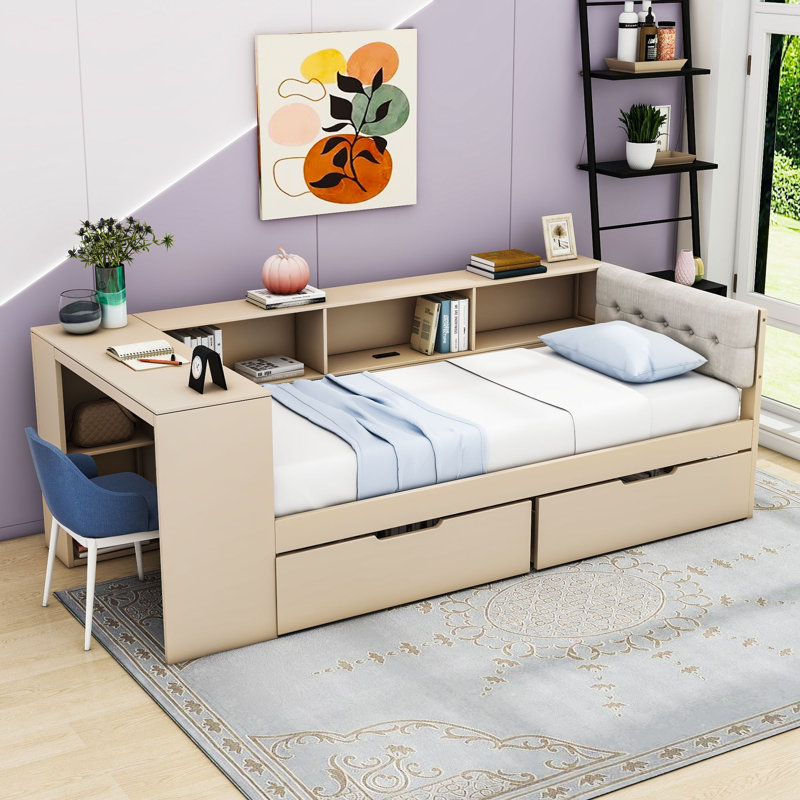 Two Drawers Wood Platform Bed with Storage Shelves and Charging Station, Twin, Cream