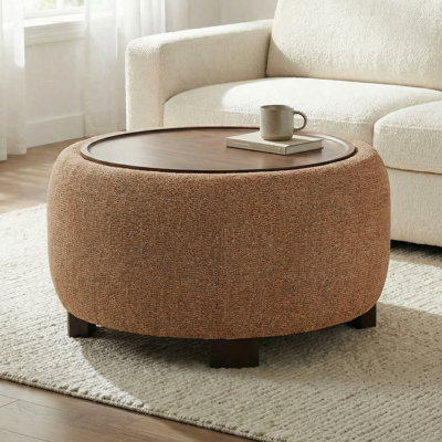 Upholstered Round Storage Ottoman with Wooden Tray