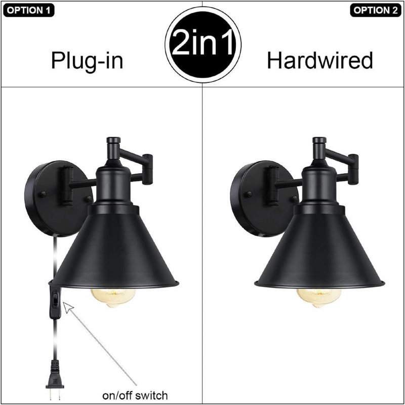 Black Industrial Swing Arm Wall Sconce with Plug-In Option