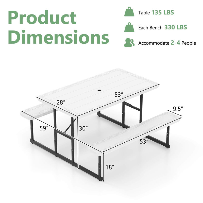 Picnic Table Bench Set For 2-4 People Outdoor Rectangular Camping Dining Table, White