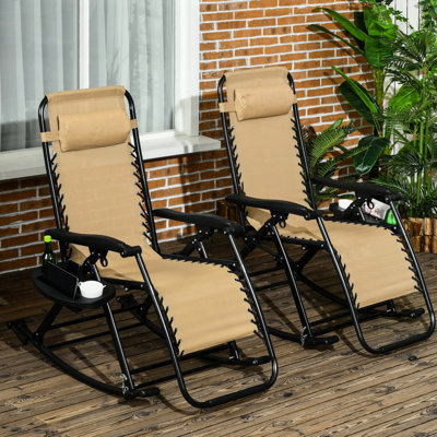 Chaises berçantes 2 pièces, fauteuil inclinable zéro gravité avec coussin, porte-gobelet et téléphone, cadre en acier beige et pliable pour un soutien indéfectible de 2 chaises d'extérieur, structure inclinable pliable, non