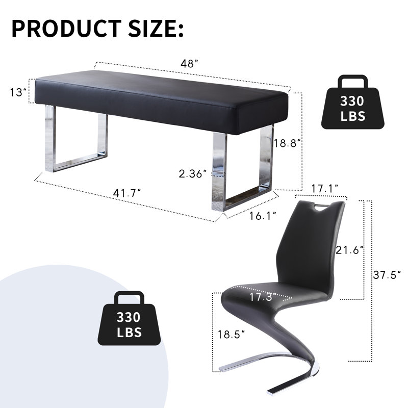 Cemal Modern Ottoman Bench with Mermaid Dining Chairs, Accent Stool Bench, 'Z' Leg Dining Chairs for Bedroom, Entryways, Dining Kitchen Room, living areas