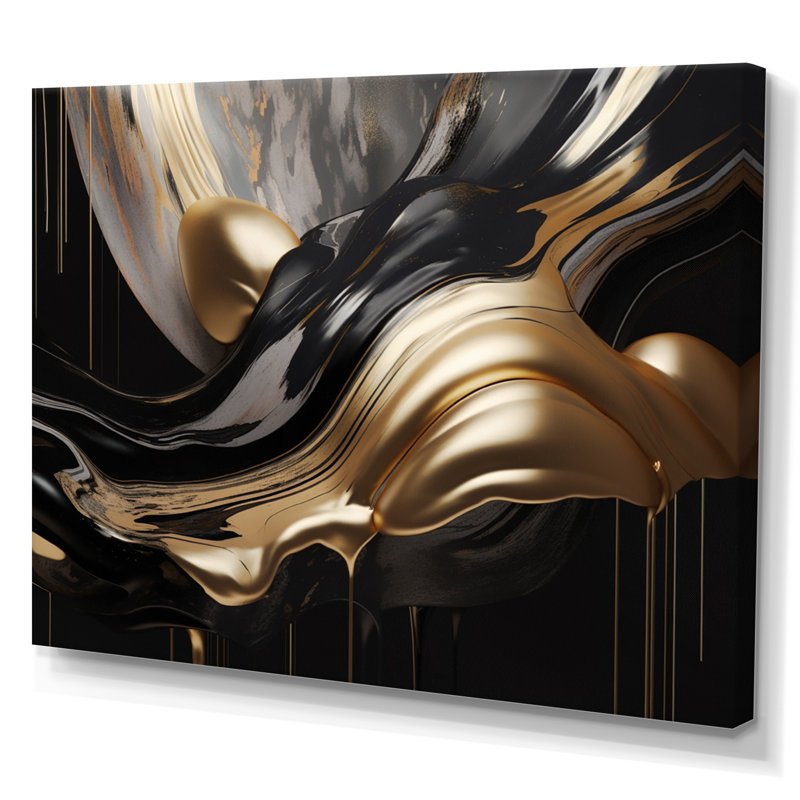Marbre captivant doré et noir II - art abstrait sur toile marbrée, H 12 po x l 20 po, Toile tendue, Sans cadre