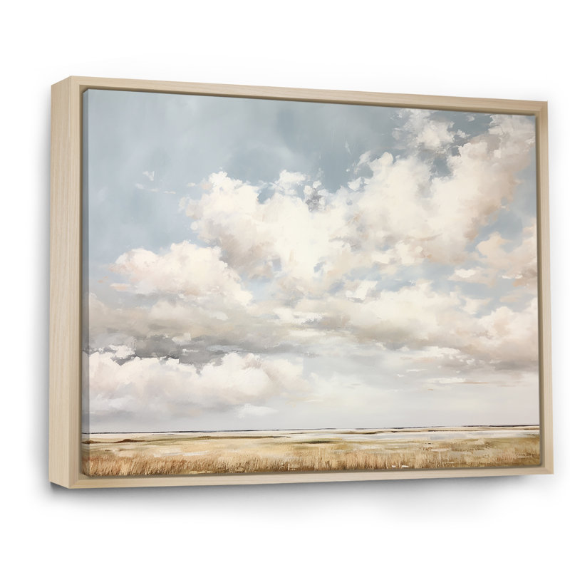 Nuage blanc paysage minimaliste - décoration murale nuages, Cadre naturel flottant, H 34 po x l 44 po x P 1,5 po