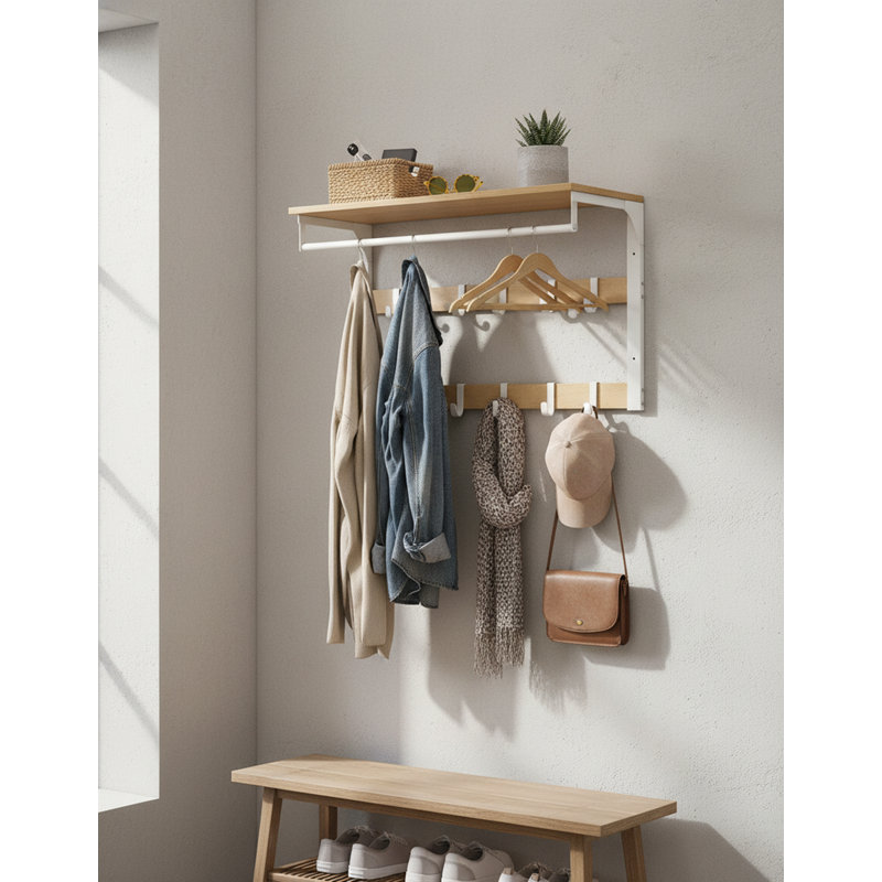 Modern Wall-Mounted Coat Rack Shelf With 10 Hooks & Hanging Rail