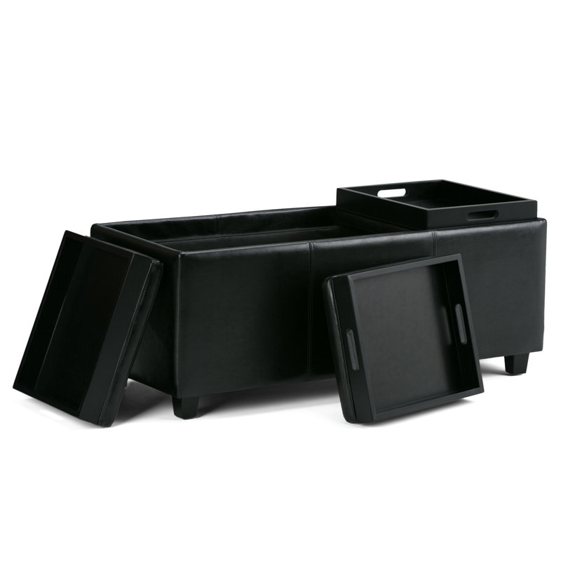 Avalon 42"W Upholstered Storage Ottoman with 3 Flip-Over Serving Trays, Midnight Black Faux Leather