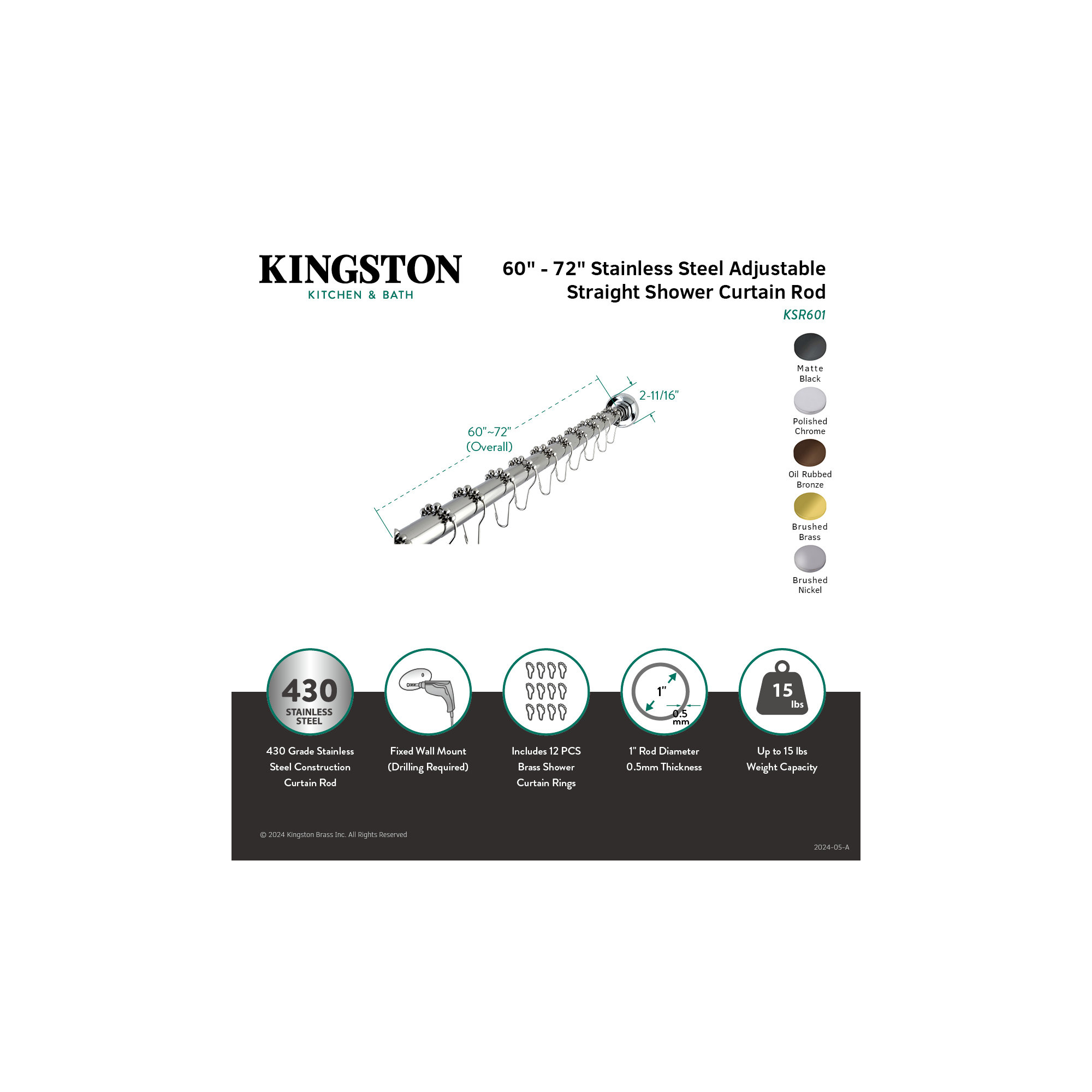 Kingston Brass Edenscape 60-Inch to 72-Inch Adjustable Shower Curtain Rod with Rings Combo, Polished Chrome