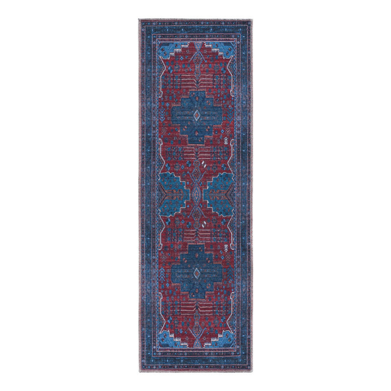 Tapis oriental rouge / bleu Guthridge, Tapis de couloir 2 pi x 6 pi