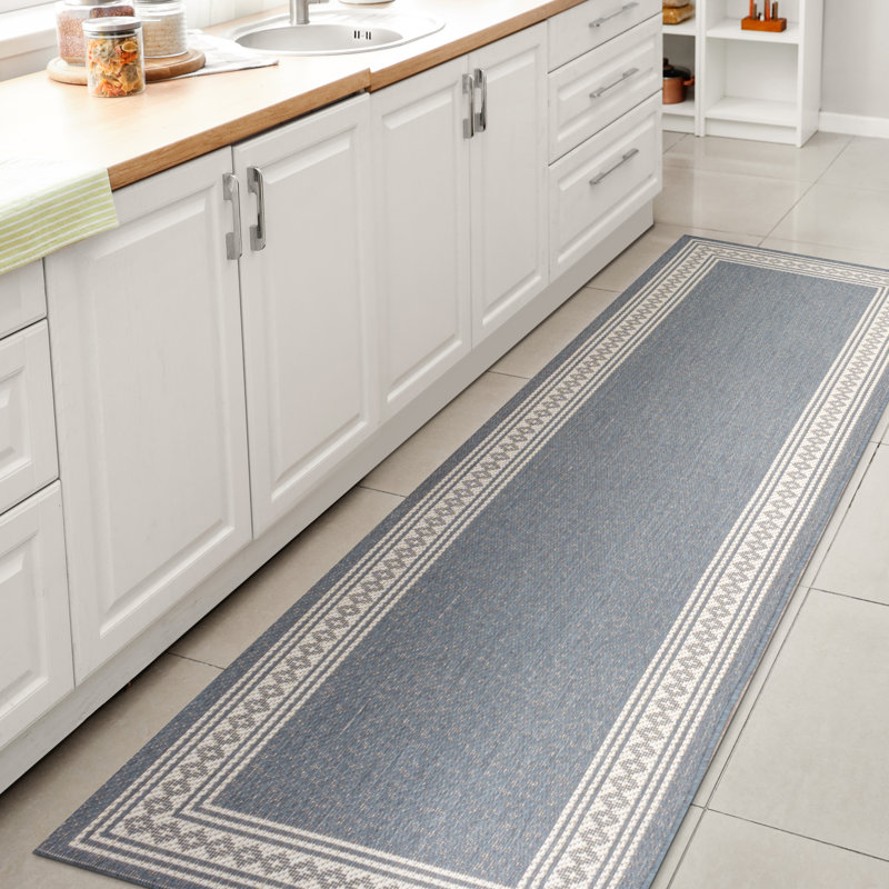 Cisse Classic Diamond Border Blue/Cream Indoor/Outdoor Rug, Runner 2' x 8'