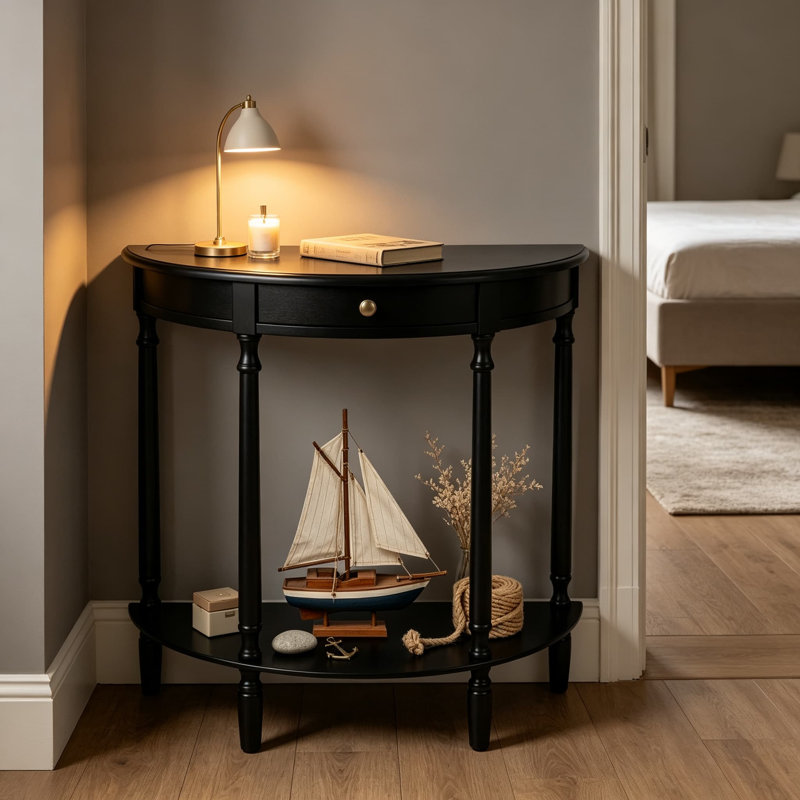 Console Truro demi-ronde, table d'entrée traditionnelle avec tiroir et tablette inférieure, table de vestibule ou de canapé classique pour vestibule, salon