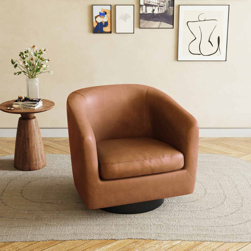 Applewold Upholstered Brown Faux Leather Swivel Barrel Chair with Solid Wood Base, Brown