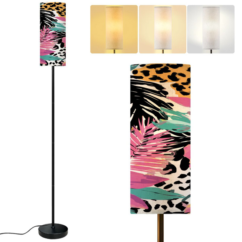  68.5" Standing Floor Lamp Seamless leopard skin pink blue tropical Dimmable Metal Pole Lamp with Linen Lampshade LED Bulb Included