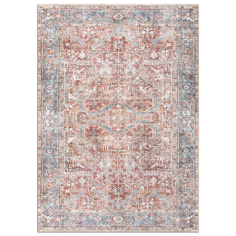 Tapis rouge / bleu lavable à la machine Kromer Medallion, Rectangle 3 pi 3 po x 5 pi