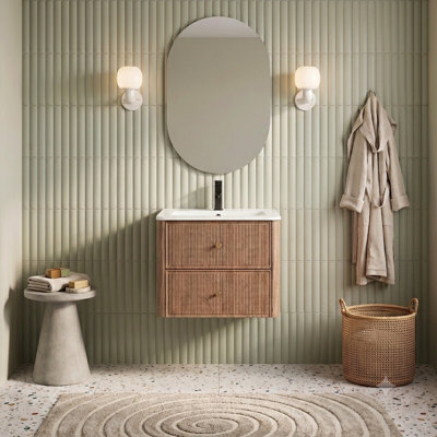 Alexie 24" Wall Mounted Single Bathroom Vanity With Sink Top, Mid-Century Modern Fluted Wood Floating Vanity Cabinet with Curved Corners, 2 Soft-Close Drawers