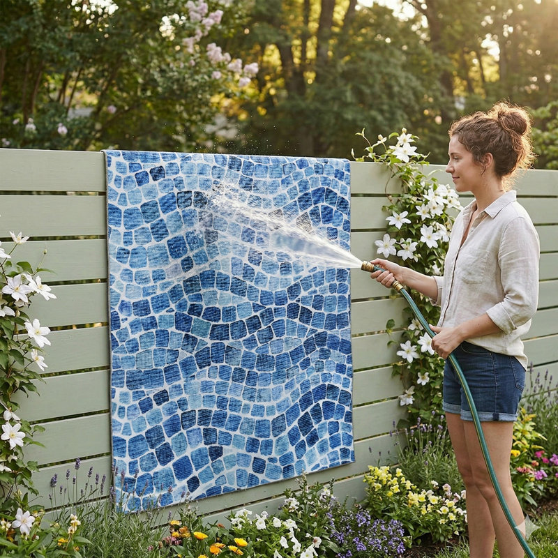 Emery Blue Machine Washable Indoor/Outdoor Rug, Rectangle 6' x 9'
