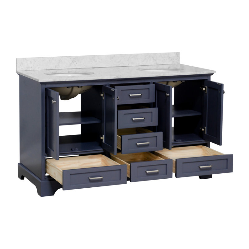 Ensemble de meuble-lavabo double 60 po Larosa, Gris marine, Marbre de Carrare