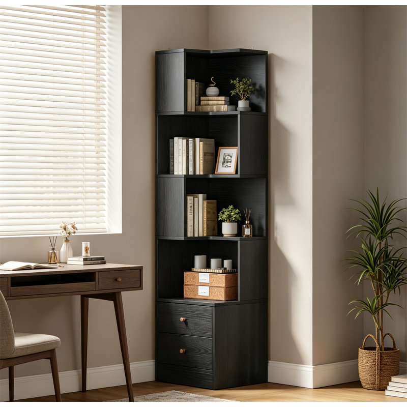 Corner Shelf, 5-Tier Corner Bookshelf Display Rack with 2 Drawers, for Bedroom, Living Room, Home Office, Black