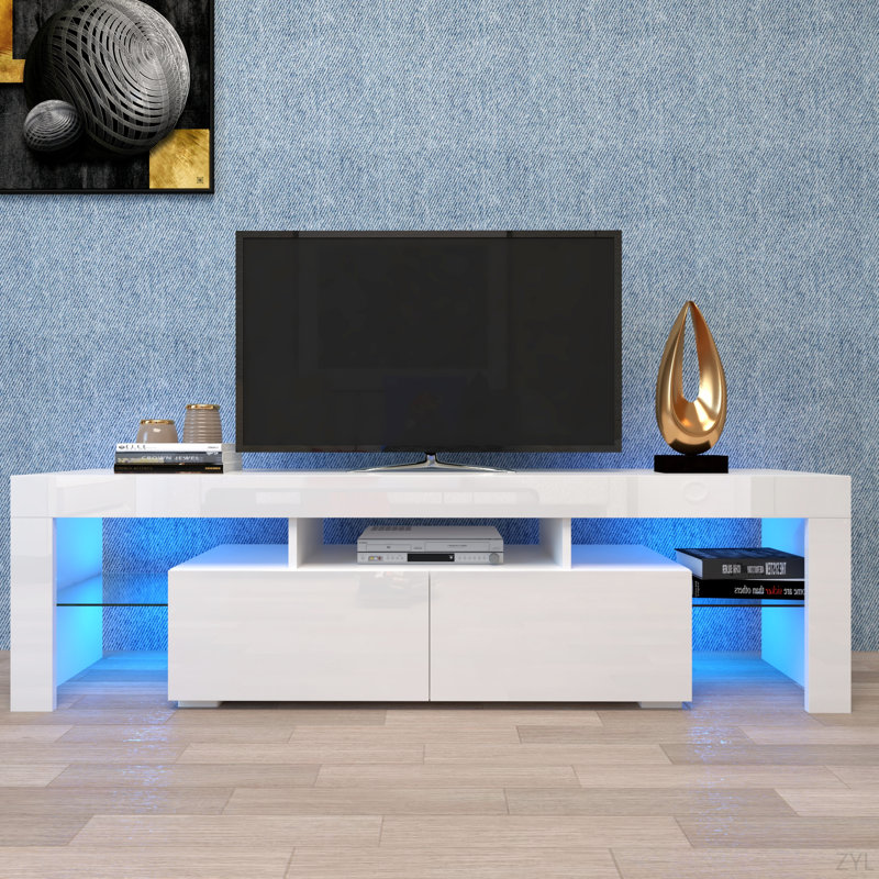 Meuble télé moderne blanc, 20 lumières DEL avec télécommande, Blanc, 63"