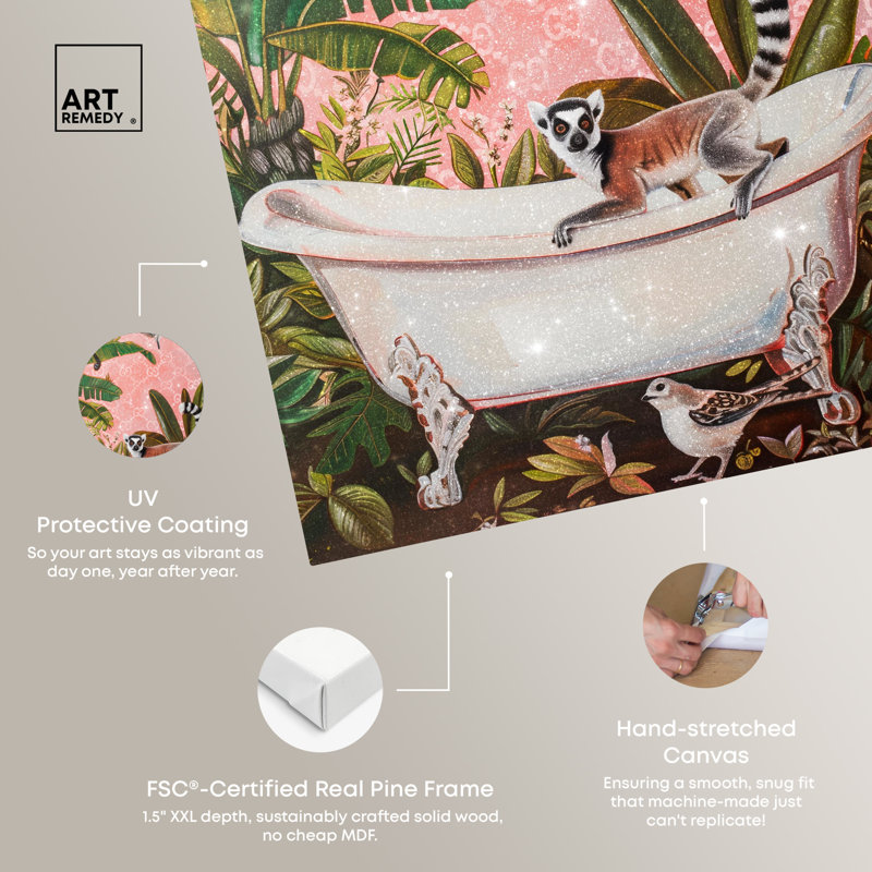 Exotic Lemur Jungle Scene Pink Canvas Wall Art