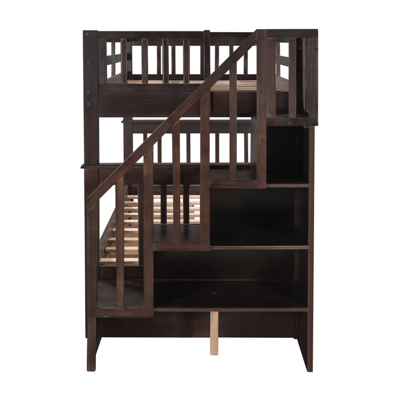 Lit superposé simple au-dessus de simple avec trois tiroirs de rangement, structure en bois massif espresso Stairway