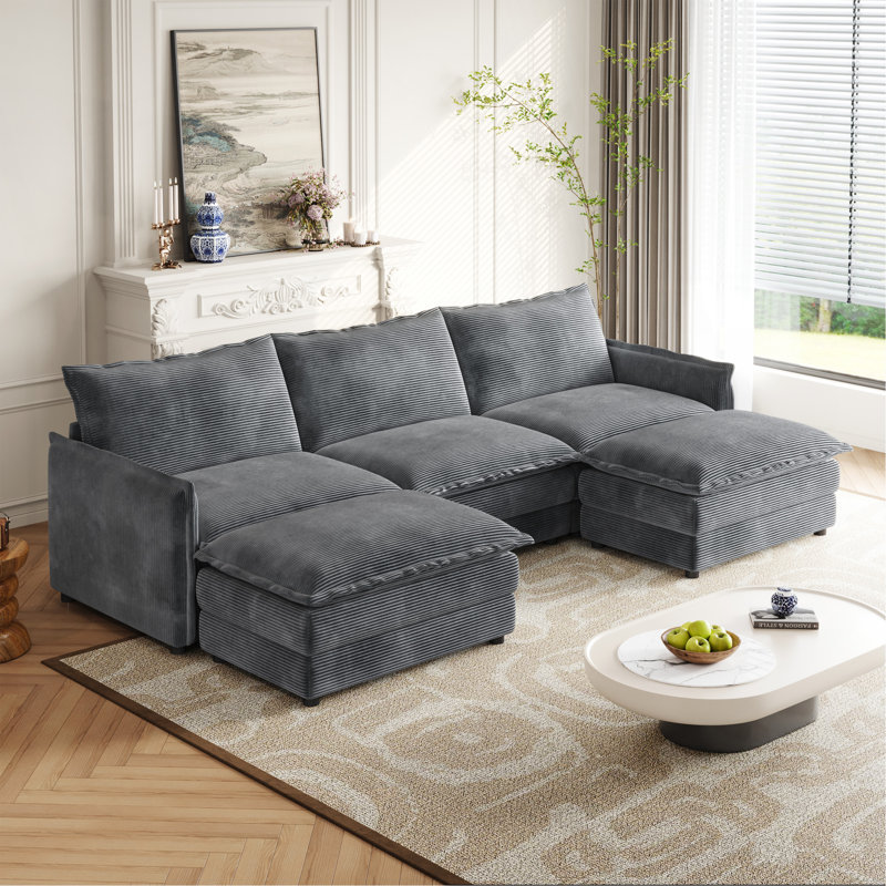 Canapé en tissu velours 3 places en velours côtelé confortable avec repose-pieds mobile pour le salon, ensemble de canapé en U surdimensionné à assise profonde, canapé rembourré à assise profonde de grande taille avec 3 coussins