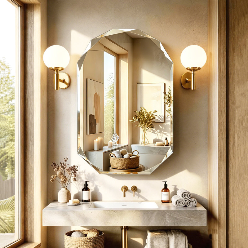 Armoire de salle de bain sans cadre à miroir biseauté avec tablettes réglables, miroir de rangement mural encastré ou à fixation en surface, 21,6 po x 31,4 po