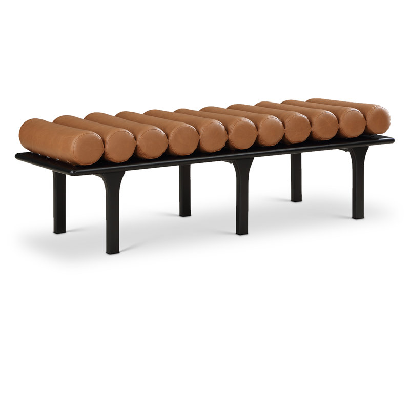 Banc rembourré en similicuir Landon Boutis, Cuir cognac végétalien, Noir