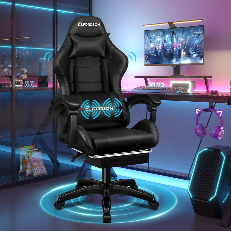 ELFORDSON Adjustable Reclining Swiveling PC & Racing Game Chair with Footrest, Black