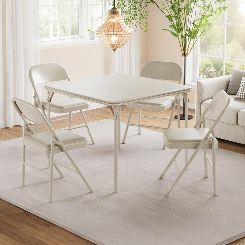 5-Piece Folding Dining Table Set with 4 Chairs - Space-Saving Square Card Table for Small Spaces, Metal Frame & PU Leather Upholstered Chairs, Modern Breakfast(Black/Beige/Gray)