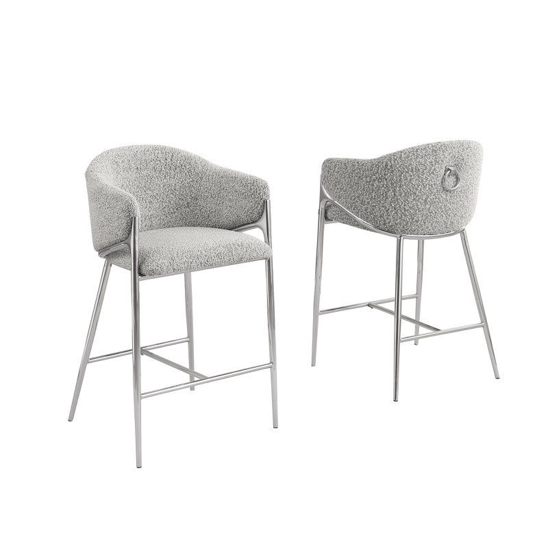 Tabourets de bar en tissu Teddy Boucle, Tabouret de bar (siège d'une hauteur de 30 po), Siège gris riche / cadre argenté