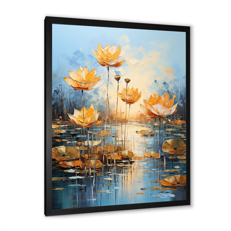 Golden Pond Lotus Tranquility sur toile, Cadre simple noir, H 32 po x l 16 po x P 1 po