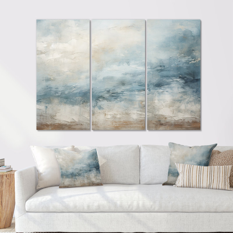 «Beige Blue Ocean Storm I», ensemble d'art sur toile à formes abstraites, H 32 po x l 48 po, Toile tendue