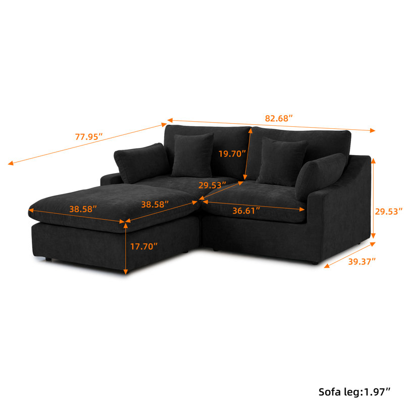 Canapé modulaire rembourré avec repose-pieds, H 29,53 po x l 82,68 po x P 77,95 po, Gris anthracite foncé
