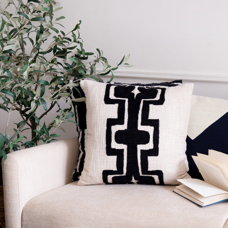 20" x 20" Onyx and Ivory Embroidered Cotton Wool Blend Throw Pillow