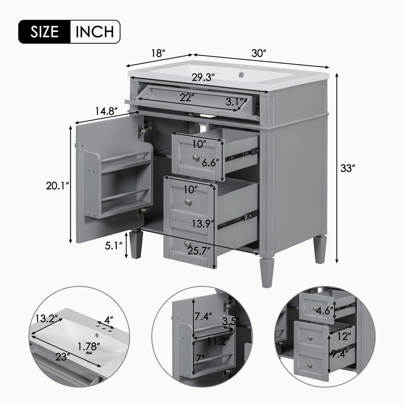 Meuble-lavabo simple avec plateau Diyana 30,00, Gris
