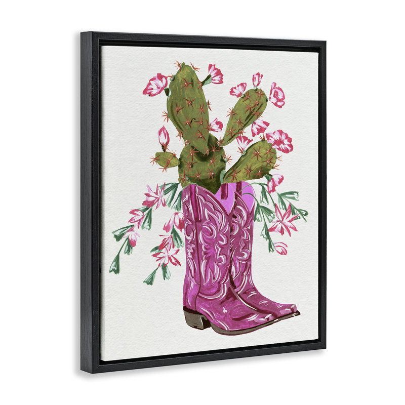  Art mural sur toile flottant rose avec cactus et bottes par Melissa Wang, Cadre flottant noir de jais, H 21 po x l 17 po