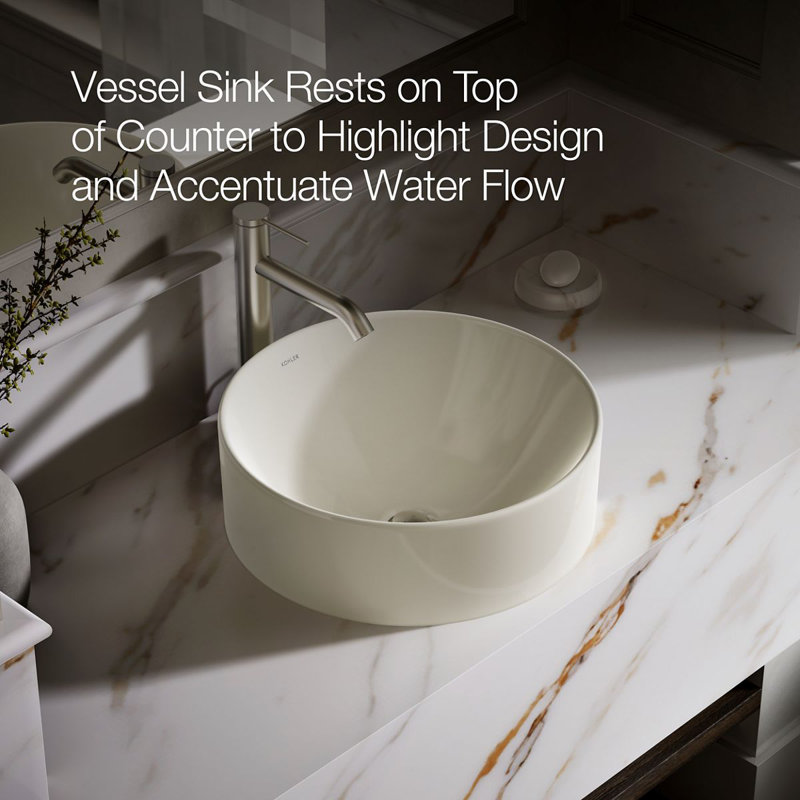 Vox® Vitreous China Circular Vessel Bathroom Sink with Overflow, Biscuit