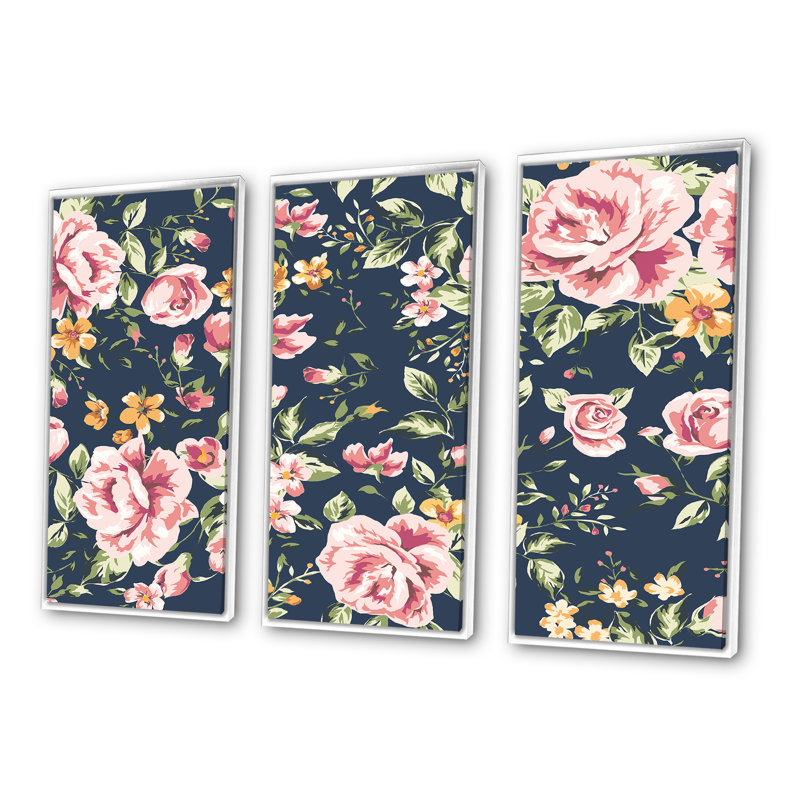 «Vintage Roses On Dark Blue II», ensemble de 3 reproductions d'art encadrées sur toile, H 20 po x l 36 po x P 1 po, Blanc