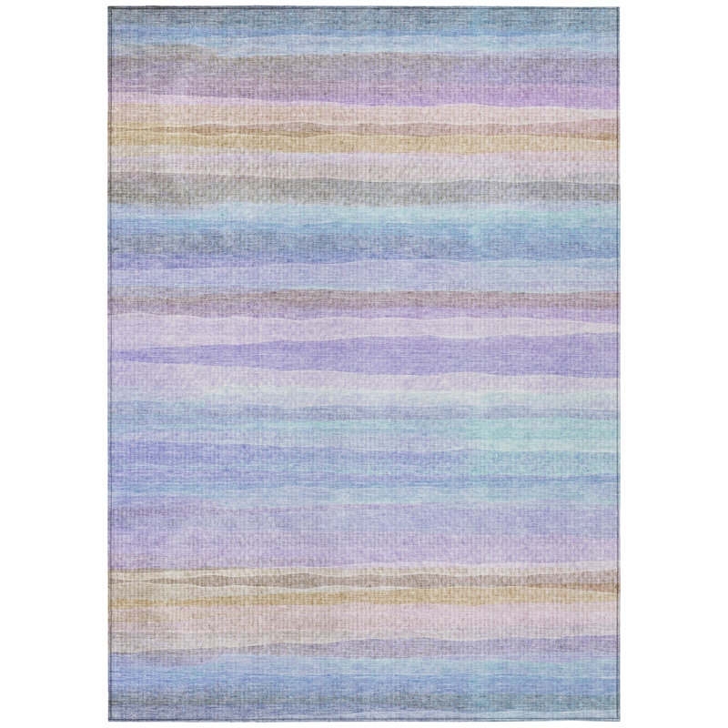 3' X 5' Lavender Sky Blue And Beige Striped Washable Indoor Outdoor Area Rug