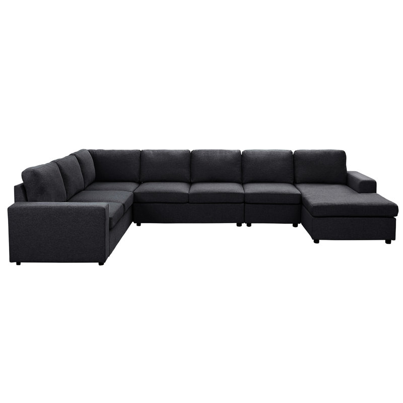 Canapé modulaire en lin gris foncé de 146,5 po avec sièges rembourrés en mousse et siège modulaire réversible de 18 po de hauteur disponible