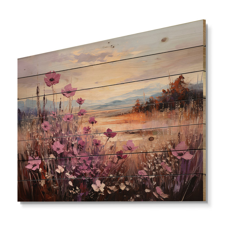 Violet Flower Meadow Harmony - Flower Field Wood Wall Art On Natural Pine Wood, 24" H x 32" W