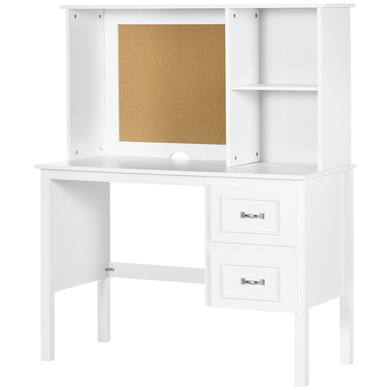 Bureau d'ordinateur avec tiroirs et tablettes, bureau personnel avec rangement et tableau en liège, table de poste de travail avec trou pour câbles, blanc