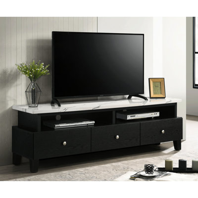Meuble télé moderne pour téléviseur de 60 à 69 pouces, décorations en faux marbre, trois tiroirs, deux tablettes, console au look contemporain dans le salon avec tiroirs noir et blanc